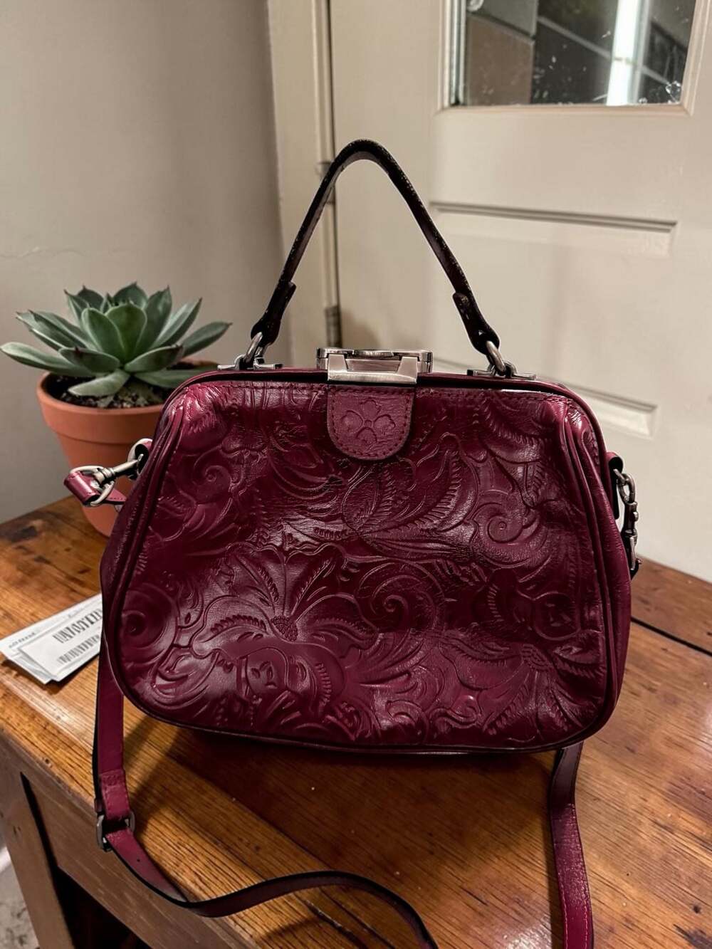 NWT Patricia Nash Gracchi Frame Leather Satchel Crossbody Bag Dark Red w/strap